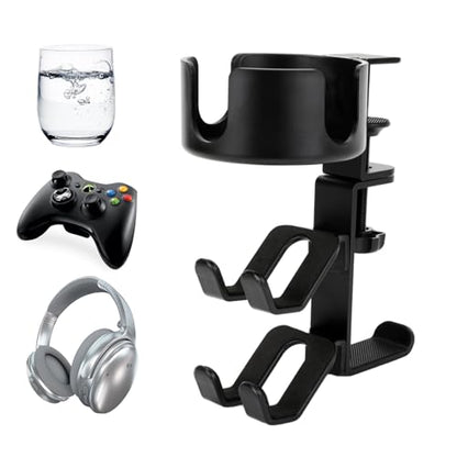 Desk Controller Holder with Headphone Hanger, 360° Rotating 3 in 1 Desk Anti-Spill Cup Holder with Headset Stand, Aluminum and Plastic