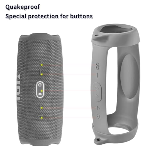 Silicone Case Cover for JBL Charge 5 Portable Bluetooth Speaker | Travel Gel Soft Skin,Waterproof Rubber Carrying Pouch with Strap (Grey) - color: Grey