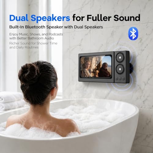 Waterproof Shower Phone Holder with Bluetooth Speaker, Wall Mount Phone Case for Bathroom, Dual Built-in Speakers, Touch Sensitive, Fog Resistant, Fits 4.7 to 7.0 Inch Phones (Black) - color: Black