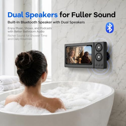 Waterproof Shower Phone Holder with Bluetooth Speaker, Wall Mount Phone Case for Bathroom, Dual Built-in Speakers, Touch Sensitive, Fog Resistant, Fits 4.7 to 7.0 Inch Phones (Black) - color: Black