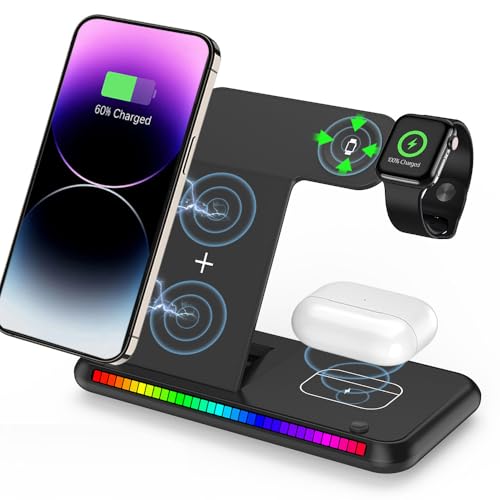 IHAO 3in1 Multifunctional Foldable Wireless Charging Station with LED Ambient Night Light Fast QC3.0 Charger for Phone, iWatch, Headphone Space-Saving Auto-Shutoff & Overcharge Protection-Black - color: 3in1 Wireless Charger K88 Black