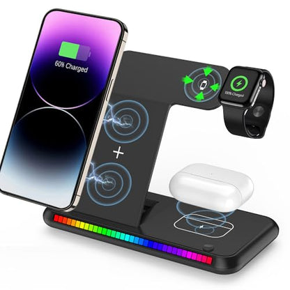 IHAO 3in1 Multifunctional Foldable Wireless Charging Station with LED Ambient Night Light Fast QC3.0 Charger for Phone, iWatch, Headphone Space-Saving Auto-Shutoff & Overcharge Protection-Black - color: 3in1 Wireless Charger K88 Black