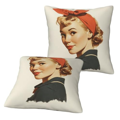 Retro Woman Red Headband Big Bow On Head Throw Pillows Covers, Couch Sofa Pillow Cases,Zipper Bedding Cushion Cases for Living Room,18x18 Inch