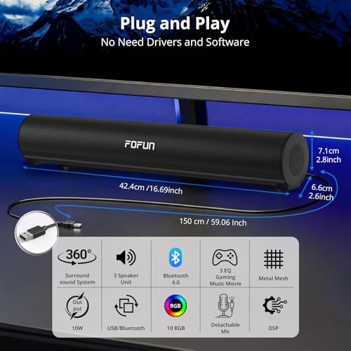 Computer Sound Bar with Detachable ENC Microphone, Enhanced Bass Gaming Soundbar, Bluetooth 6.0, USB-A Plug and Play, PC and Bluetooth Mode, 3EQ, 10 RGB Speaker for Gaming, Music,Meeting