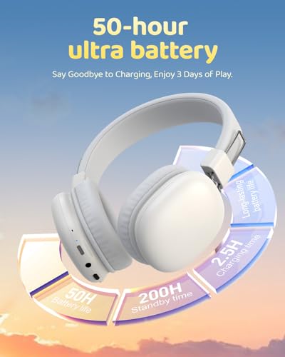 awatrue Kids Over-Ear Bluetooth Headphones, 85dBA Safe Volume, White | Built-in Microphone, Bluetooth 5.4, Foldable, 50H Playtime, USB-C Charging - color: White