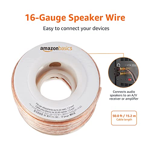 Amazon Basics 16-Gauge Speaker Wire Cable, Polarity Marked, 50 feet, Transparent - size: 50 Feet