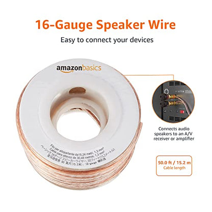 Amazon Basics 16-Gauge Speaker Wire Cable, Polarity Marked, 50 feet, Transparent - size: 50 Feet