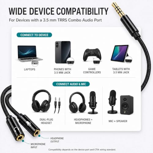 Headphone Splitter 3.5mm Mic and Audio Y Splitter TRRS Headset Adapter Cable Compatible with PC, Laptop, Android, Windows.(Black) - color: Black