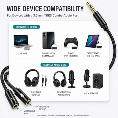 Headphone Splitter 3.5mm Mic and Audio Y Splitter TRRS Headset Adapter Cable Compatible with PC, Laptop, Android, Windows.(Black) - color: Black