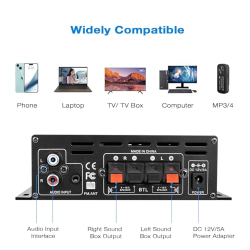 Bluetooth 5.0 Audio Amplifier 400W+400W 2.0 CH AMP HiFi Stereo Treble Bass Audio Receiver for Passive Speakers Theater System AK-380