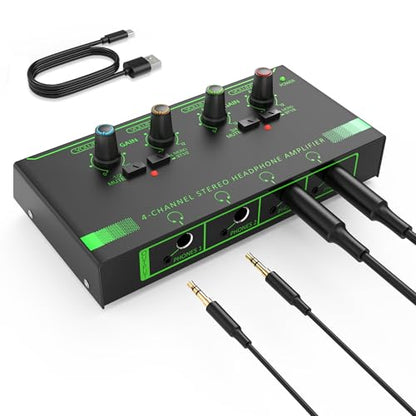 HOSONGIN 4 Channel Headphone Amplifier, Portable Mini Earphone Splitter with Independent Volume Control, Low Noise Stereo Output, Compatible with 1/4" & 1/8" TS/TRS, Ideal for Studio Stage