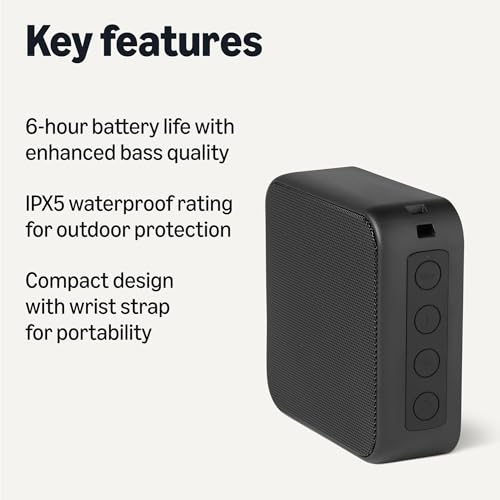Amazon Basics Bluetooth Speaker Wireless, IPX5 Waterproof, 6 Hour Playtime, Compact Size for Home, Outdoor, Black