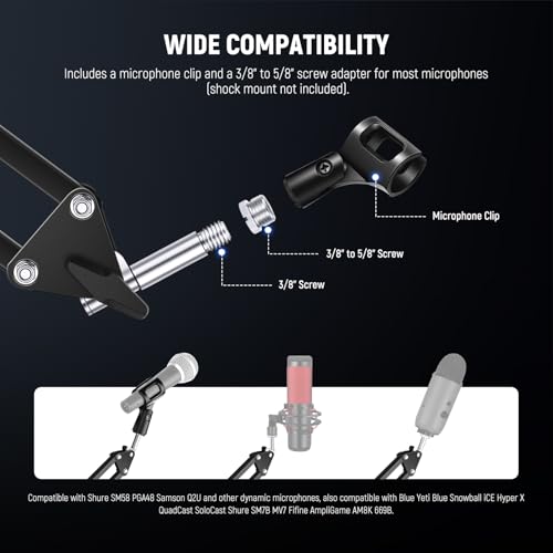 NEEWER Microphone Arm Stand, Suspension Scissor Boom Mic Arm Desk Mount with Clip & 3/8" to 5/8" Adapter Compatible with Blue Yeti Snowball HyperX QuadCast SoloCast Shure, Max Load 3.3 lbs, MS006 - style: MS006