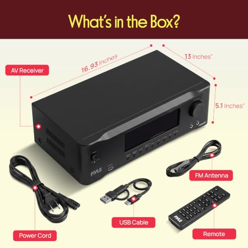 Pyle 9.1 Channel AV Receiver | Audio Amplifier with Subwoofer Output, HDMI 2.1, Bluetooth Streaming | Surround Sound System for TV, Home Stereo Receiver for Home Theater.
