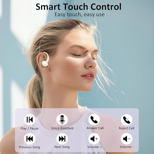 Matast Wireless Earbuds, Bluetooth Headphones Sports, Deep Bass Earphones Gym Running, IP7 Waterproof Headset with Earhook Workout, 50H Playback Over-Ear Buds with ENC Noise Cancelling Mic - color: Pale yellow