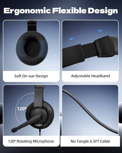 L02 Wired Headset, 3.5mm Stereo Headphones with Noise Canceling Microphone & Volume Controls, On-Ear Computer Headset for School/Office/Online/Gaming (Black)