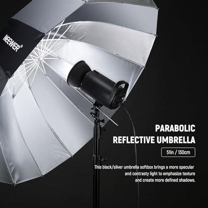NEEWER 51"/130cm Parabolic Reflective Umbrella Photography with Silver Inner, Soft Lighting with Diffuser Cover, Bag, Quick Fold for Camera Photo Studio Video Light Shooting Monolight Flash, NS2U - color: Silver, size: 51"