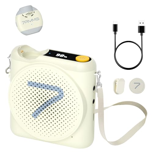 7RYMS WA2 Wireless Voice Amplifier for Teachers with Magnetic Lavalier Mic, Wireless Portable Amplifier with Noise Canceling, Mini Voice Amplifier for Classroom, Meeting, Training, Speech (White) - color: White