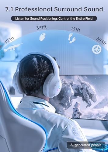 syndesmos CM7002 Gaming Headset for PC, PS5, Xbox Series X|S, Switch, | Over-Ear Headphones with 7.1 Surround Sound, 50MM Drivers & Noise Canceling Mic, RGB Comfort Headset for Gaming, Light White - color: Light White