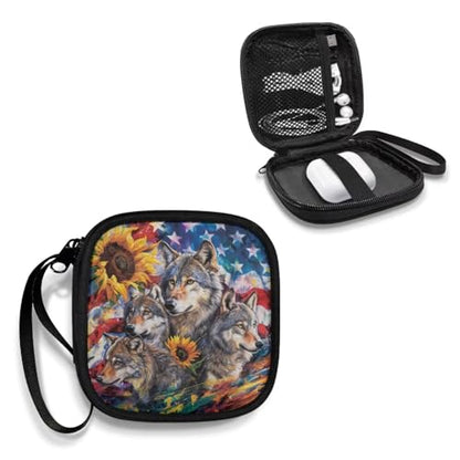 Universal Lightweight Portable Earphone Storage Bag Earbud Carrying Case Rectangle Small Hard Case for Wired Bluetooth Headset Charger - American Flag Wolf - color: American Flag Wolf Sunflower