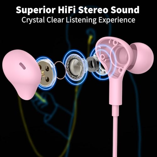 USB Headphones with Mic for Laptop PC, 7.5ft Magnetic Wired Earbuds Pink | Noise Isolation in-Ear Earphones with Mute Volume Control Stereo Bass for Dell/HP/Acer/Chromebook/Desktop/Zoom Meeting/School - color: Rose-Pink