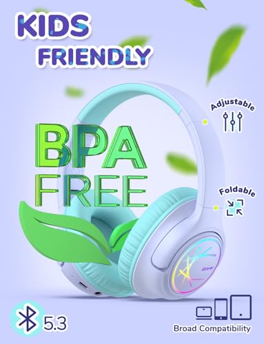 iClever BTH18 Kids Bluetooth Headphones LED Lights for Toddler Boys Girls | SafeSound Tech, 43H Playtime Stereo Sound, USB C Charging AUX Cable, Over Ear Kids Headphones Wireless for iPad/Tablet/Travel - color: Purple