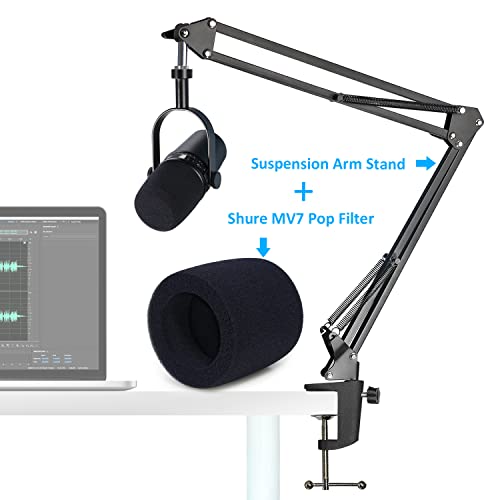 SUNMON MV7 Boom Arm Mic Stand with Pop Filter, Adjustable Suspension Boom Scissor Arm Stand with Pop Filter Compatible with MV7, MV7X adn SM7B Microphone by SUNMON | Adjustable Metal Suspension Stand with 3/8" to 5/8" Adapter, Desk Clamp, for Studio & Gam