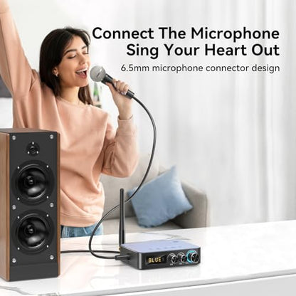 Bluetooth Audio Receiver Transmitter 4-in-1 (with Remote) for Home Stereo TV, HiFi Wireless Audio Adapter with 3.5mm AUX,RCA,6.5mm Mic Connection, FM Radio, Low Latency NFC Audio Adapter