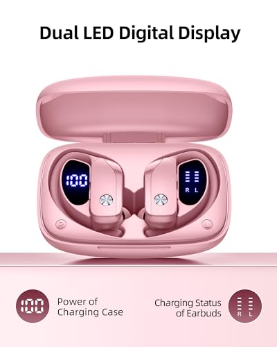 Wireless Earbuds Bluetooth Headphones Over Ear Hooks Ear Buds with 80H Playtime, LED Power Display, Dual Mic Clear Calls, Sports Wireless Ear Buds Bluetooth Earbuds for Running Gym Workout (Pink) - color: Pink