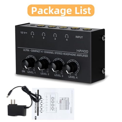 DC 12V 4-CH Stereo Headphone Audio Amplifier with 6.35MM Outputs Lossless Sound Independent Volume Control