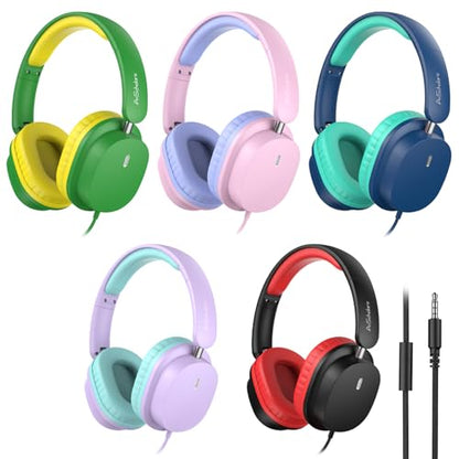 Kids Headphones Bulk 5 Pack for School, HD Mic Stereo Sound Over-Ear Headphones for Classroom, Comfortable Fit, Foldable, 3.5mm Jack Wired Headphones for Kids ipad Tablets Computer Travel | Stereo sound, Comfortable over-ear fit, 3.5 mm jack, Ideal for cl