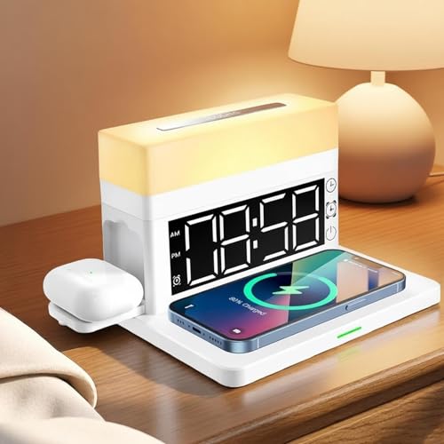 AYI Multifunctional Wireless Charging Station with Alarm Clock, 15W Fast Charger for Phones Watches Earbuds Qi-Certified, Stand with 7 RGB Night Light Modes - N65 White. - color: Wireless Charger Alarm Clockn65 White