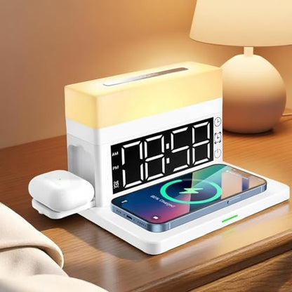 AYI Multifunctional Wireless Charging Station with Alarm Clock, 15W Fast Charger for Phones Watches Earbuds Qi-Certified, Stand with 7 RGB Night Light Modes - N65 White. - color: Wireless Charger Alarm Clockn65 White