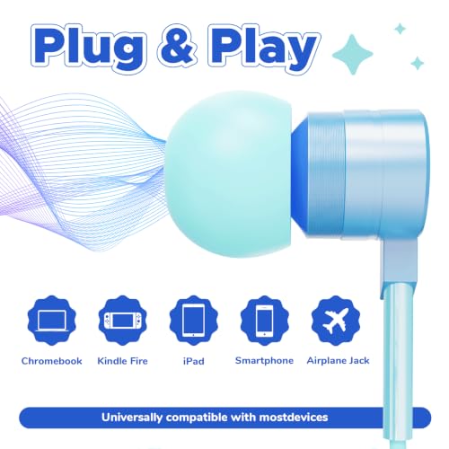 Owliwise USB C Kids Wired Earbuds with Case, mic, 85/94dB Volume Limited - color: Blue