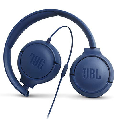 JBL Tune 500 - Wired On-Ear Headphones - Blue | JBL Pure Bass Sound, 1-button remotemic, Lightweight and foldable design, Tangle-free flat cable, Ask Siri or Google Now