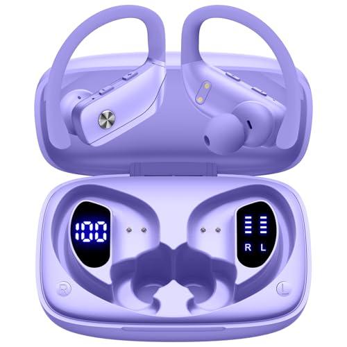 bmani Ear Buds Wireless Earbuds Bluetooth Headphones with 80H Playtime LED Display Case, Over-Ear Hook with Mic, Stereo Sound, Easy Button Controls, Sports Earphones for Running Workout Gym Purple - color: Purple, style: Standard