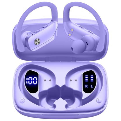 bmani Ear Buds Wireless Earbuds Bluetooth Headphones with 80H Playtime LED Display Case, Over-Ear Hook with Mic, Stereo Sound, Easy Button Controls, Sports Earphones for Running Workout Gym Purple - color: Purple, style: Standard