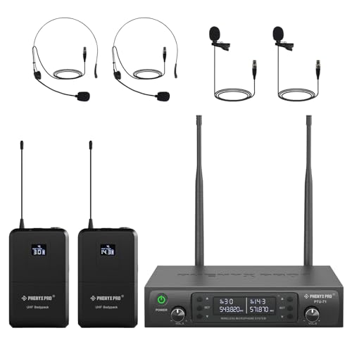 Phenyx Pro Dual UHF Auto Scan Headset/Lapel Wireless Microphones PTU-71-2B | 2 Bodypacks, 2 x 100 Frequencies, Hands-Free Speaking, Live Vocals, Worship Services, DJ Sets