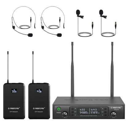 Phenyx Pro Dual UHF Auto Scan Headset/Lapel Wireless Microphones PTU-71-2B | 2 Bodypacks, 2 x 100 Frequencies, Hands-Free Speaking, Live Vocals, Worship Services, DJ Sets
