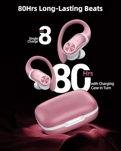 PocBuds Bluetooth Headphones Wireless Earbuds 80hrs Playtime Wireless Charging Case Digital Display Sport Ear Buds with Earhook Deep Bass IPX7 Waterproof Over-Ear Earphones for Phone Laptop Rose Gold - color: Rose Gold, style: Standard