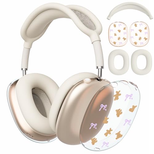 Bear Bowknot Clear Case for Apple AirPods Max, Anti-Scratch Ear Pad Covers/Ear Cups Cover/Headband Cover, Headphone Protective Accessories for AirPods Max(2020 Lightning/2024 USB-C) - color: Bear Bowknot/Beige