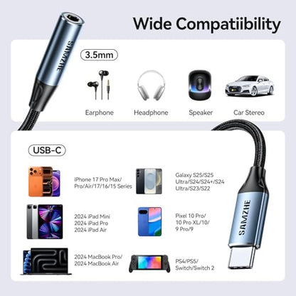SAMZHE USB C to 3.5mm Audio Adapter, HiFi DAC Aux Dongle with Mic - size: 1 Pack