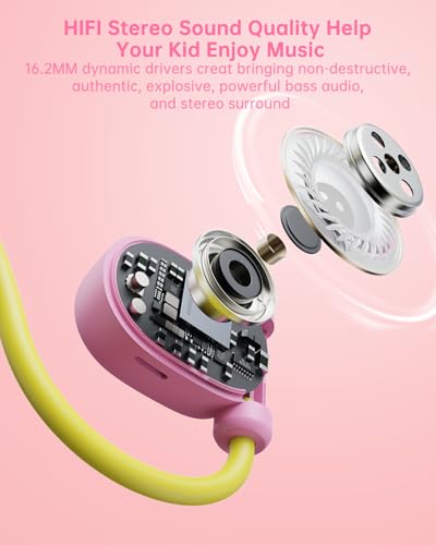 Mehomeli Kid Headphones, Air Conduction Open Ear Headphones, 3.5mm Jack | Ultra-Comfort, Ergonomic and Lightweight Design Perfect for School and Outdoor Activities-Yellow Pink - color: Yellow,Pink