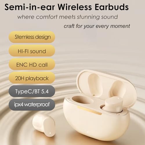 TINGER Mini Semi-in-Ear Bluetooth 5.4 Earbuds- 20H Battery Life Wireless Headphones, Ultra-Compact Design with Clear Calls, Sweatproof for Running/Gym/Travel（Beige） - color: Beige