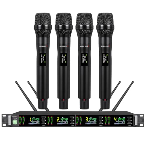 Wireless Microphone System with 4 Channel Wireless Mics | Professional Handheld Dynamic Microphones, IR Auto Scan, 4x50 UHF Frequencies, 328ft Range, Mics for Singing, Church, Karaoke