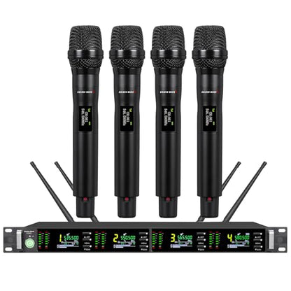 Wireless Microphone System with 4 Channel Wireless Mics | Professional Handheld Dynamic Microphones, IR Auto Scan, 4x50 UHF Frequencies, 328ft Range, Mics for Singing, Church, Karaoke