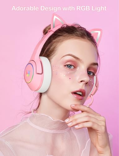 PHNIXGAM Gaming Headset - Removable Cat Ears, RGB/Retractable Mic (A Pink) | Wired 3.5mm surround sound gaming headphone, compatible with PC, PS4, PS5, mobile, cute light pink design - color: A Pink 3.5mm
