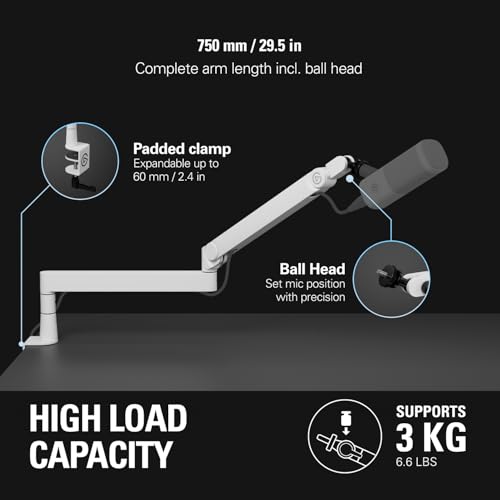 Elgato Wave Mic Arm Pro White, Gas Spring Mic Arm | Supports up to 3kg, Silent gas-spring adjustment, Hidden cable channels, Padded clamp, Compatible with most mic brands - color: White