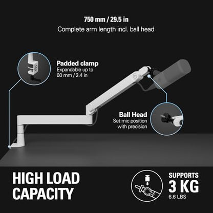 Elgato Wave Mic Arm Pro White, Gas Spring Mic Arm | Supports up to 3kg, Silent gas-spring adjustment, Hidden cable channels, Padded clamp, Compatible with most mic brands - color: White