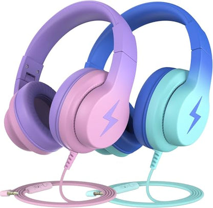 Candy Bila Wired Kids Headphones for School, Over-Ear for Boys Girls | Volume Limiter 85/94dB, HD Stereo Sound, Microphone and Wired Control, Foldable Design - color: Gradient Blue, Gradient Purple